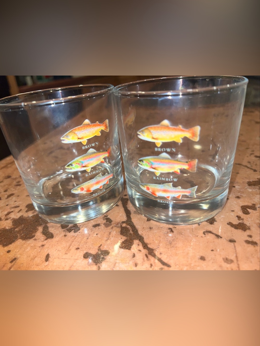Set of Two Vibrant Trout  Whiskey Glasses - the glasses are heavy duty unused
